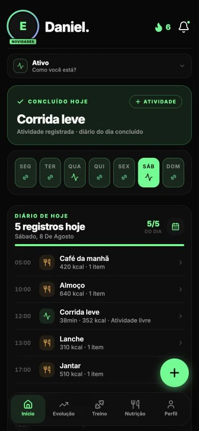 Tela inicial do app Evolu com o diário do dia e a atividade concluída