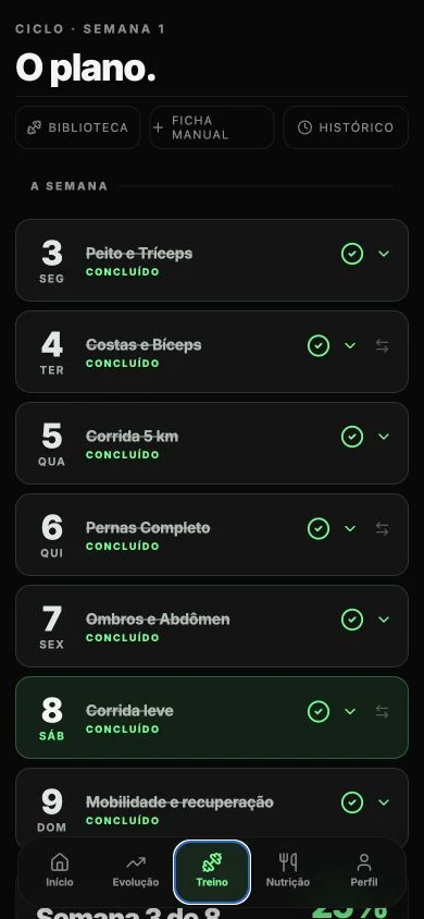 Tela de treino do app Evolu mostrando a semana do plano