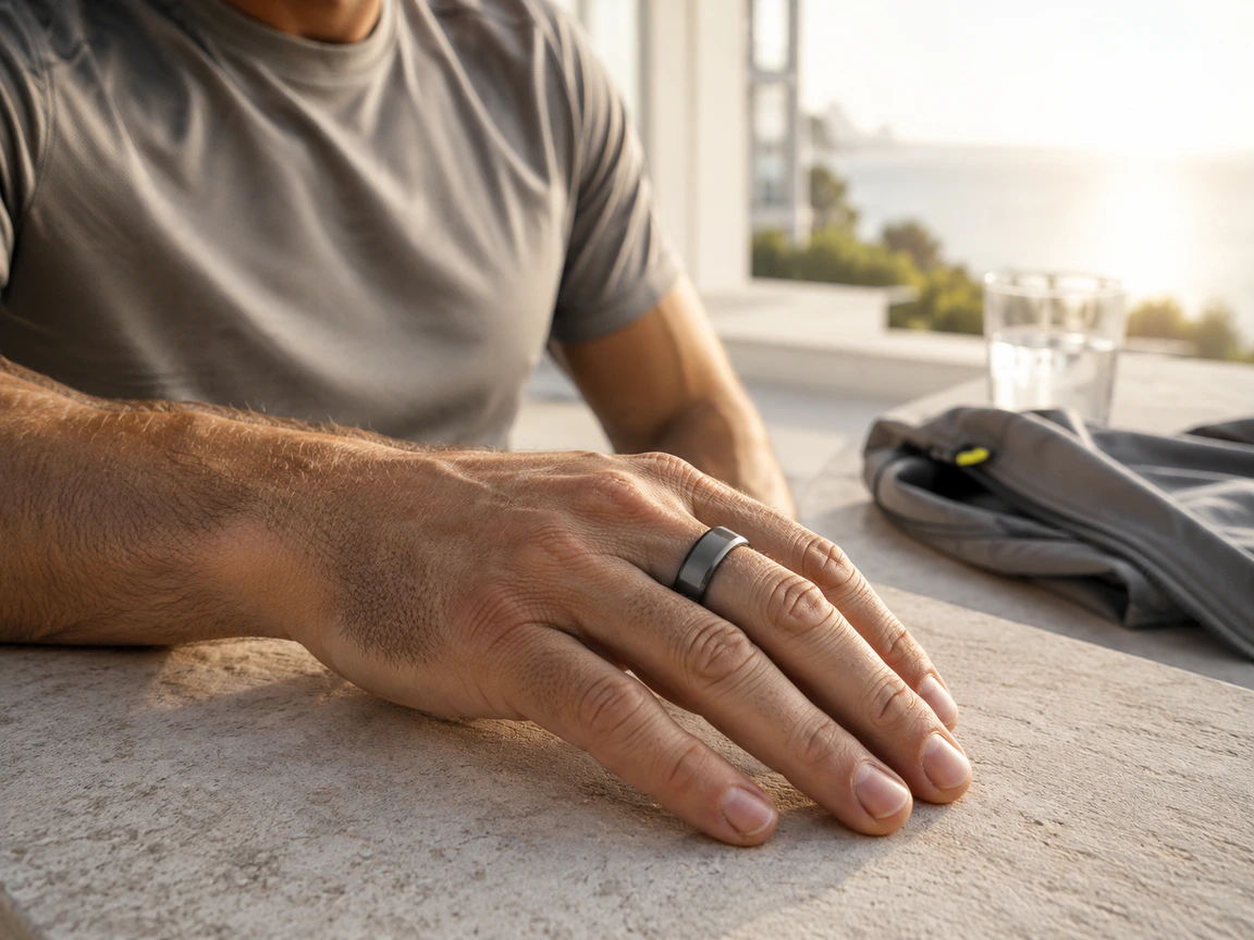Pessoa após o treino usando o Evolu Ring em uma varanda iluminada pelo amanhecer