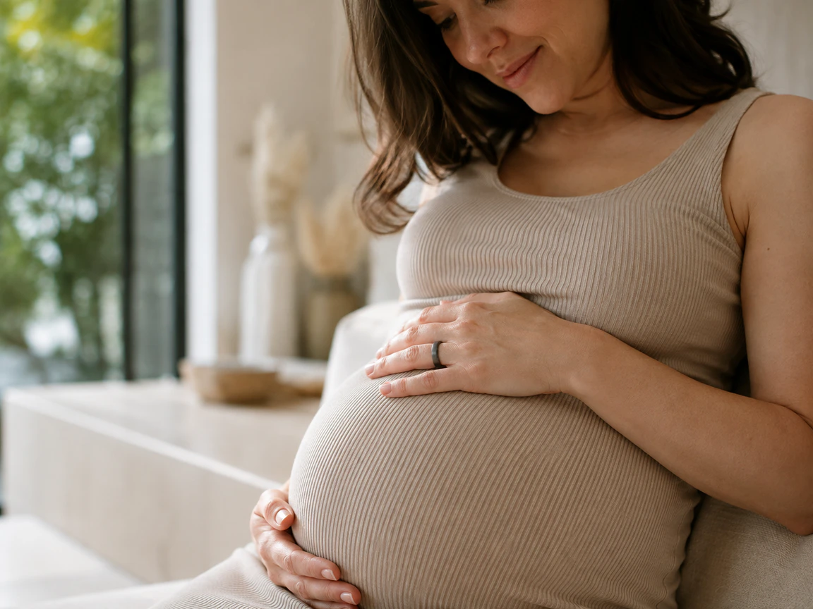 Gestante usando o Evolu Ring com uma das mãos apoiada sobre a barriga